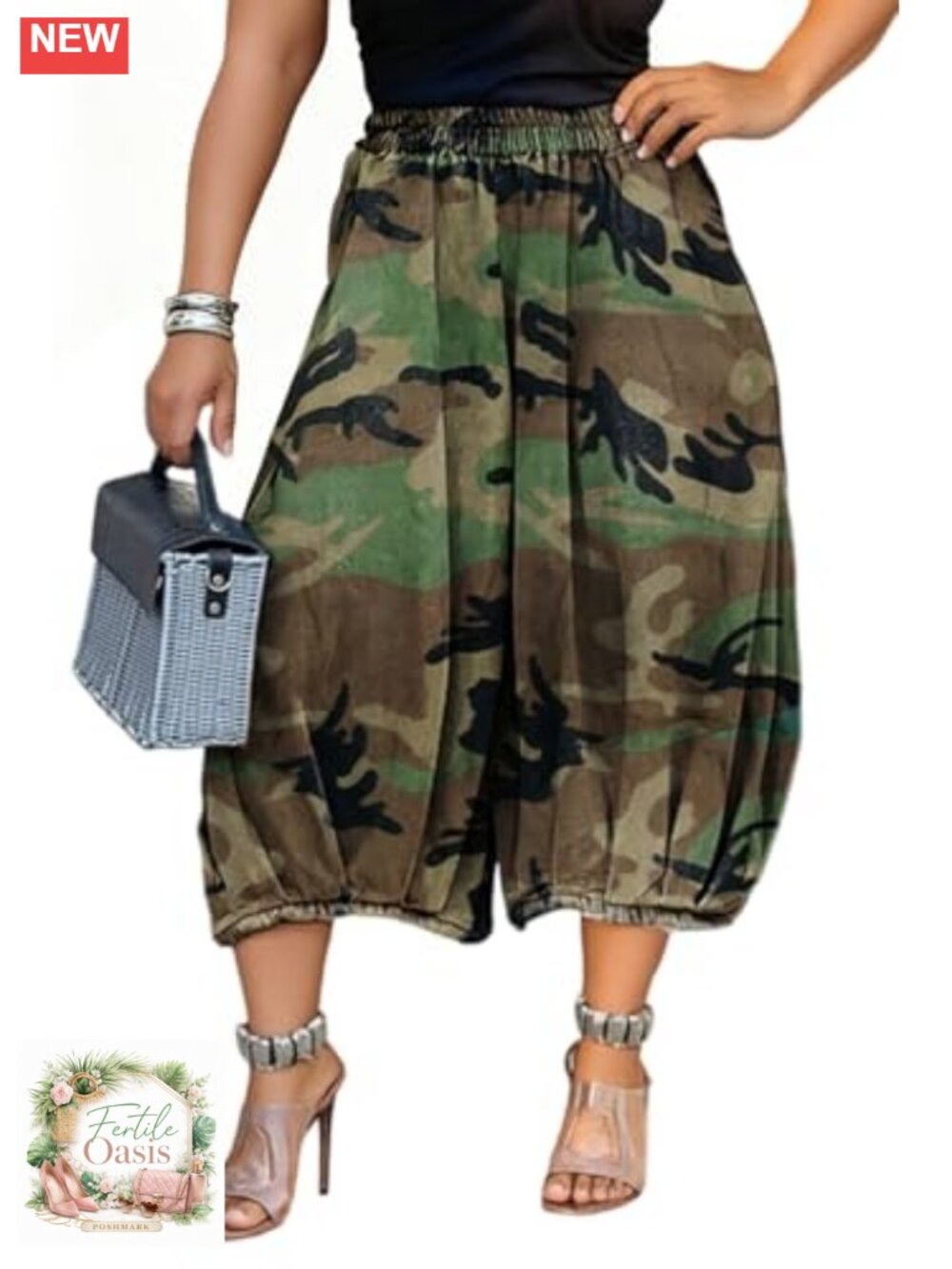 Baggy Camo Cargo Jeans Elastic Wide Leg Cropped Barrel Women's